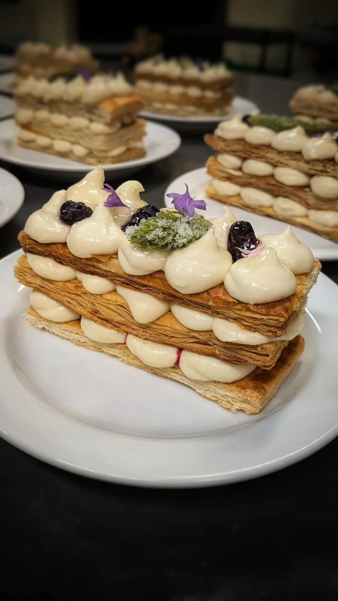 Klonbite private dinner catering Yukon — spruce tip haskap Mille-feuille dessert